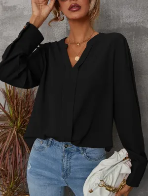 Solid Notched Buttoned Cuff Blouse