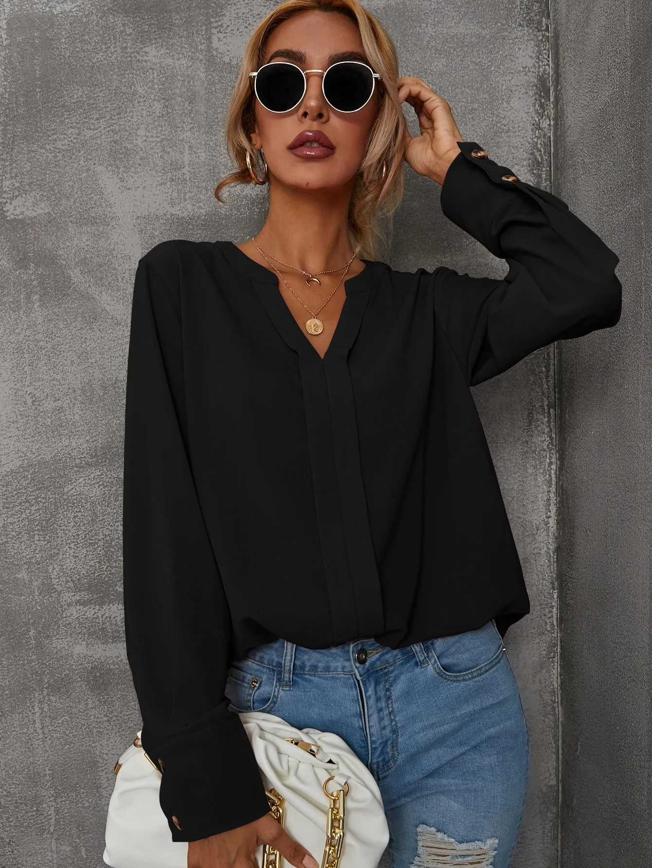Solid Notched Buttoned Cuff Blouse