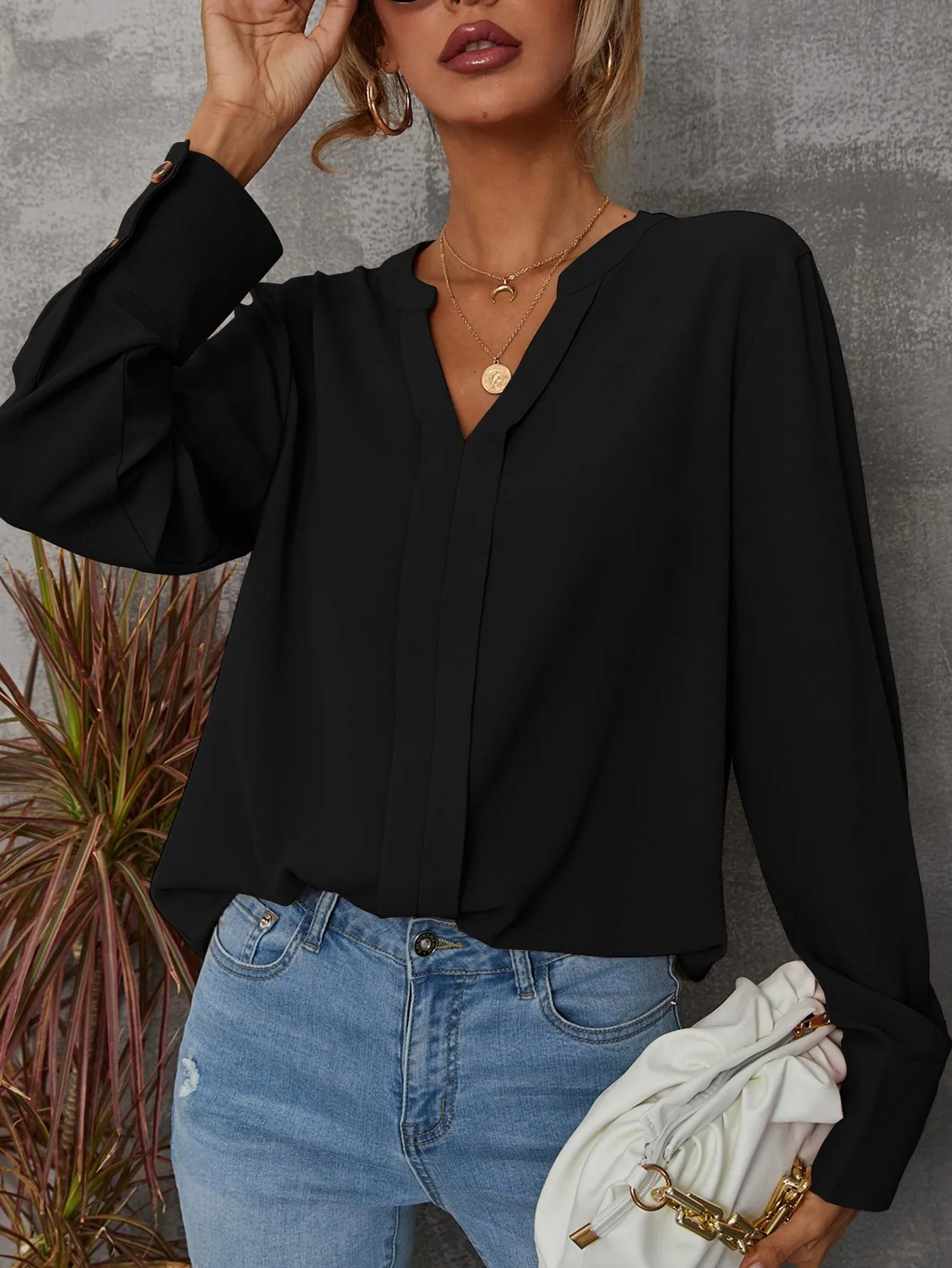 Solid Notched Buttoned Cuff Blouse