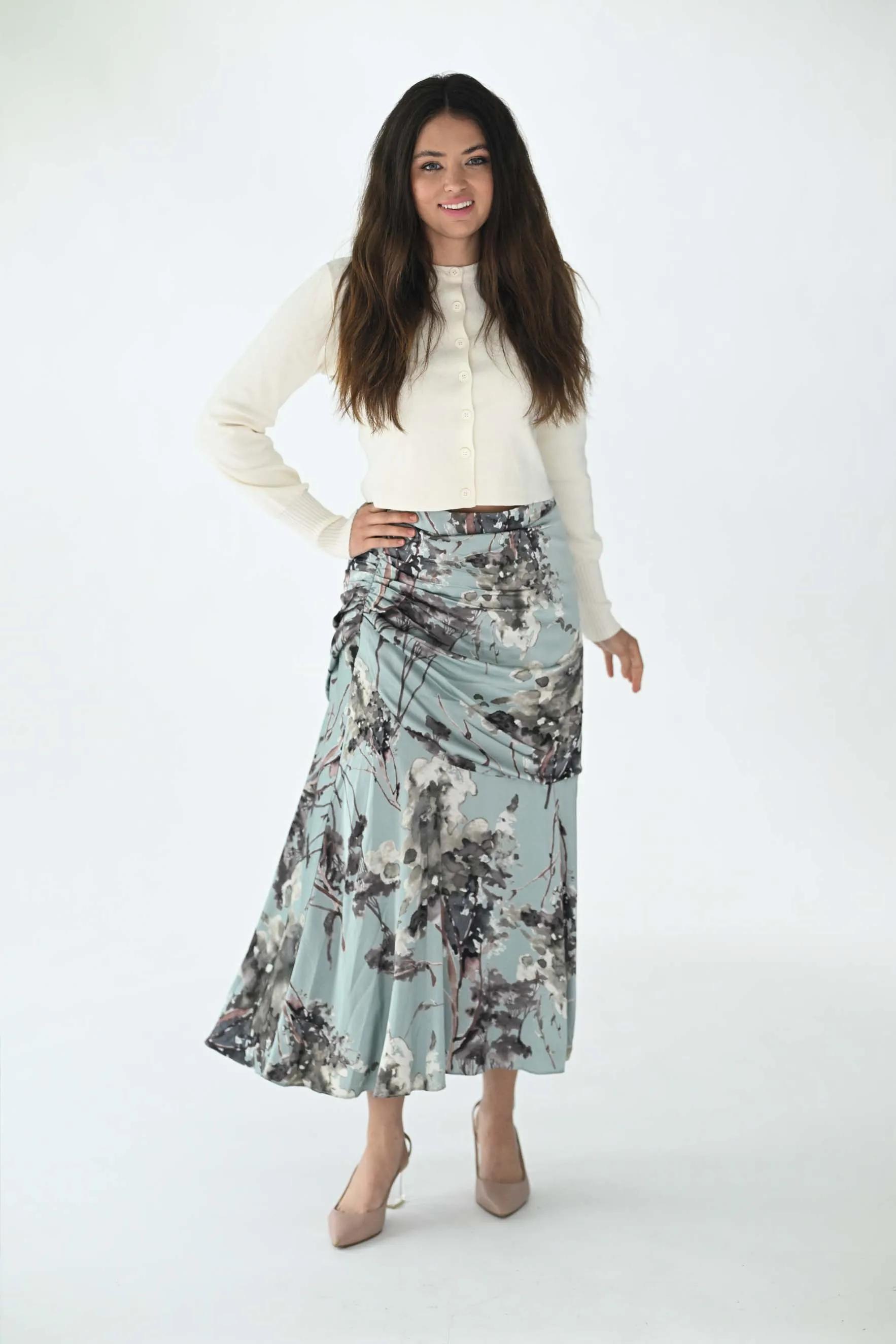 Static Gathered Silky Floral Skirt