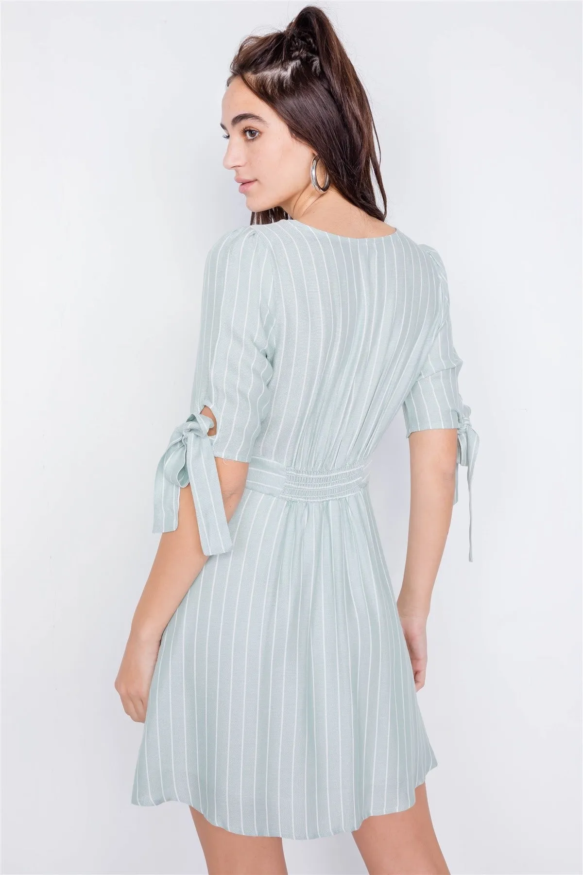 Stripe Casual Office Chic 3/4 Bow Sleeve Mini Dress