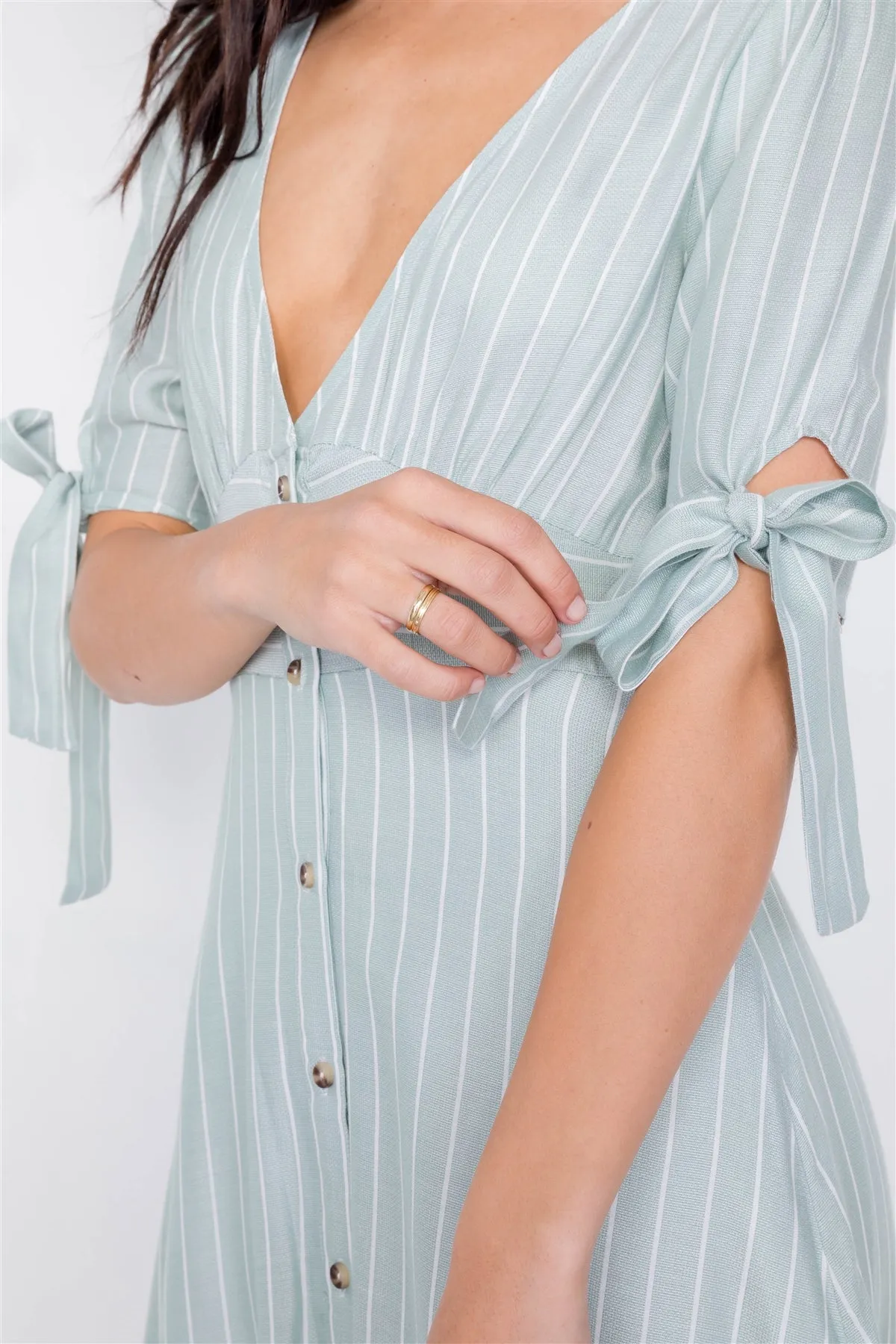 Stripe Casual Office Chic 3/4 Bow Sleeve Mini Dress