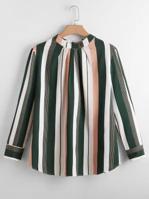Striped Long Sleeve Stand Collar Regular Plus Size Blouse