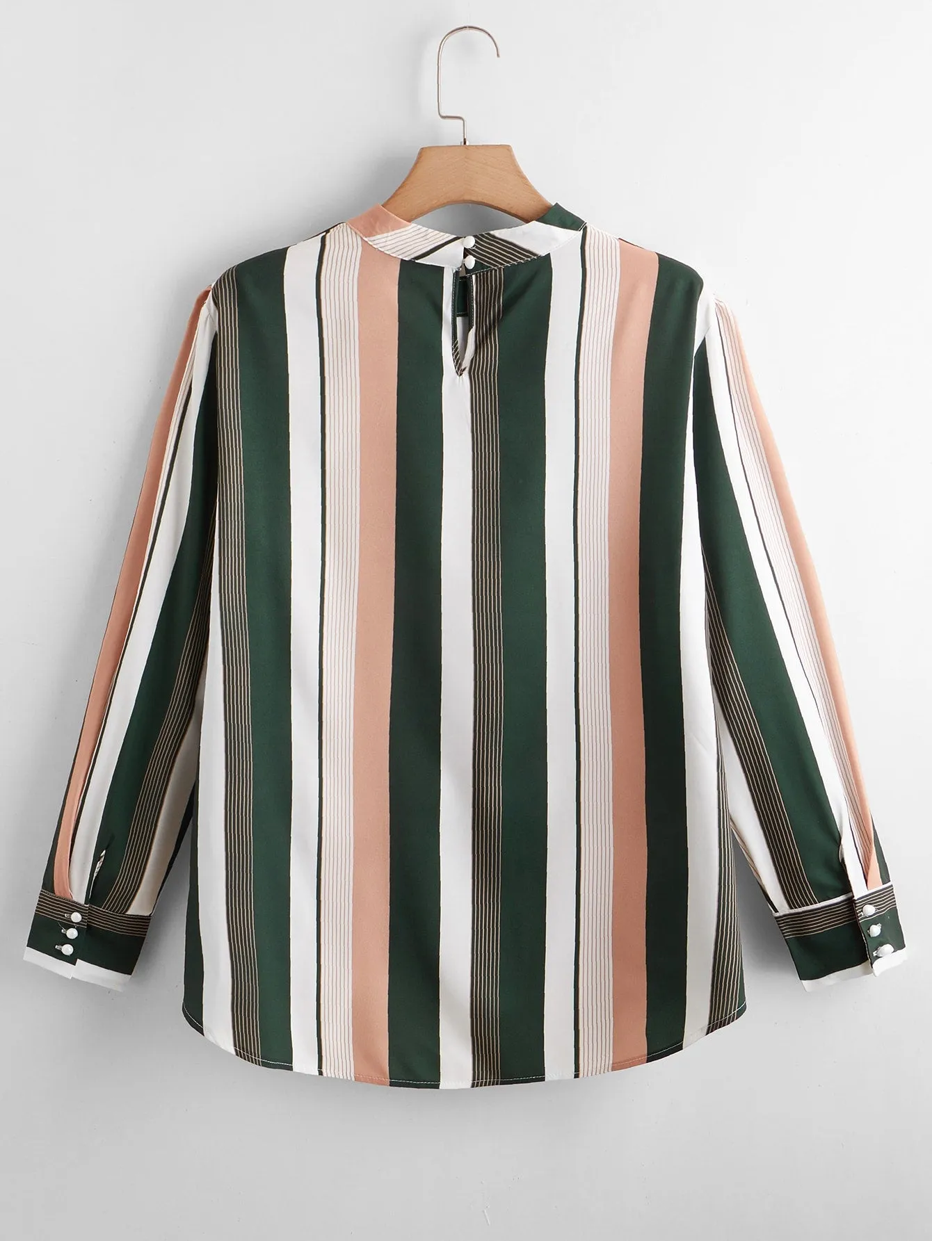 Striped Long Sleeve Stand Collar Regular Plus Size Blouse