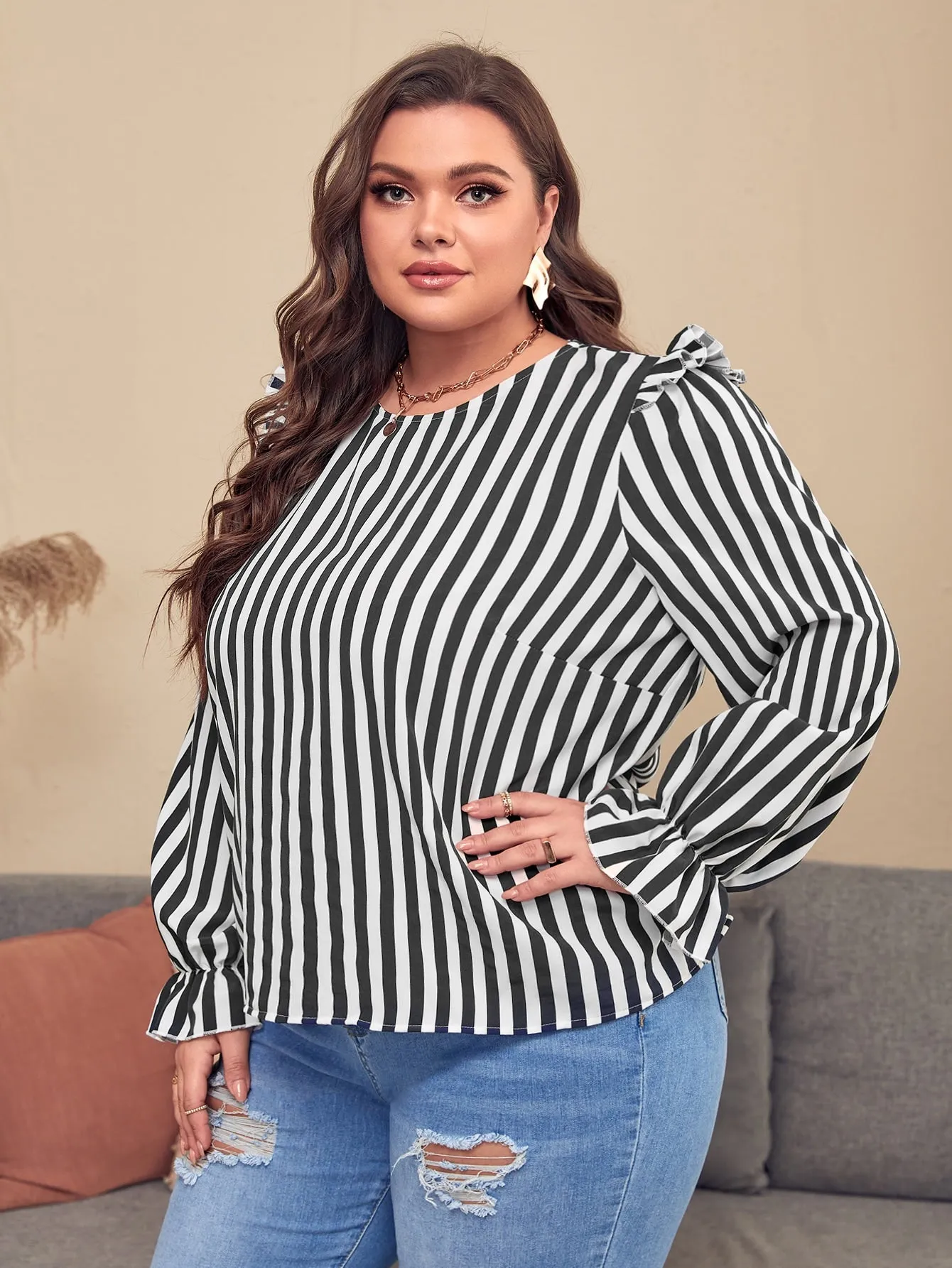 Striped Ruffle Long Sleeve Round Neck Regular Plus Size Blouse
