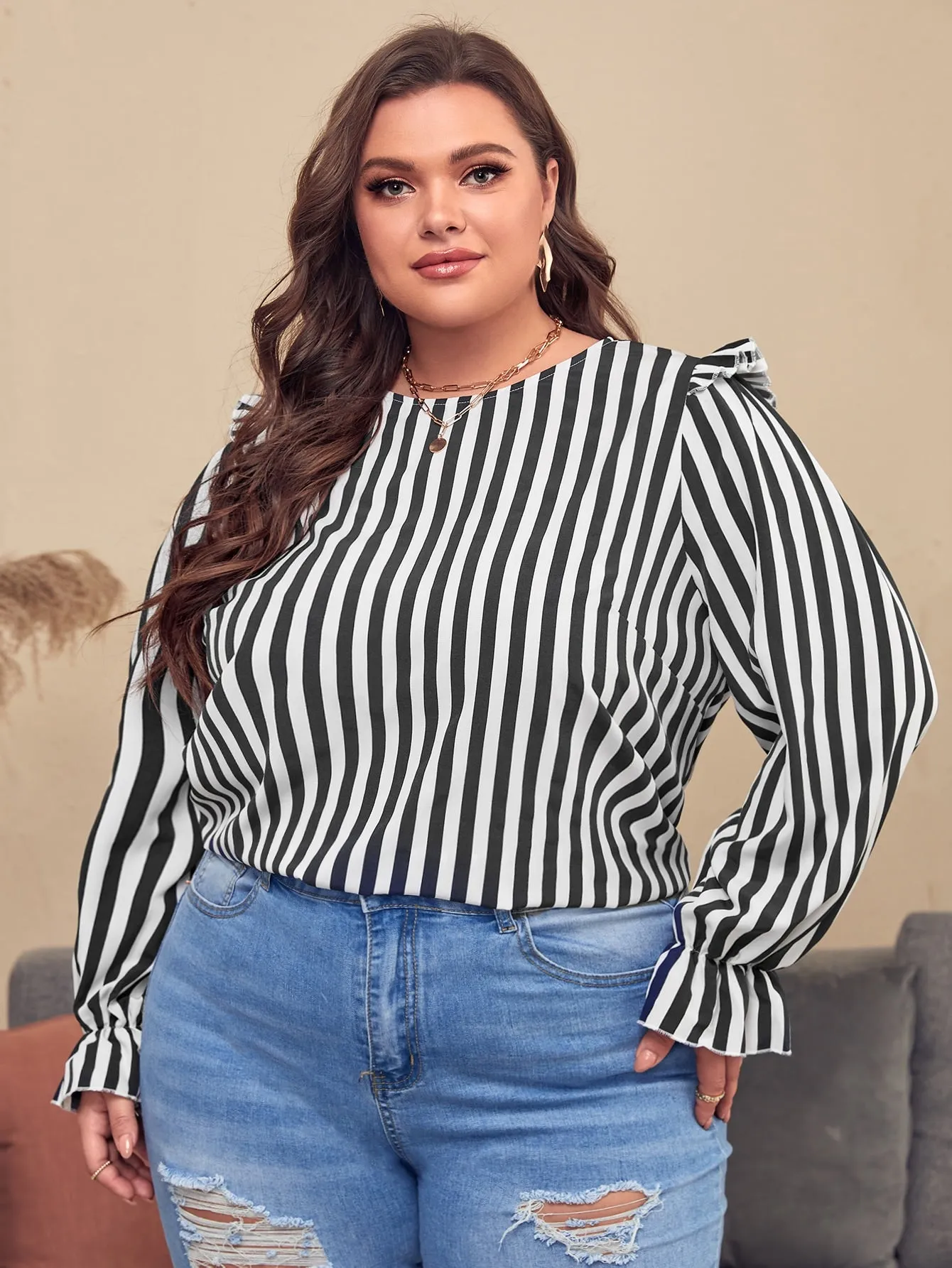 Striped Ruffle Long Sleeve Round Neck Regular Plus Size Blouse