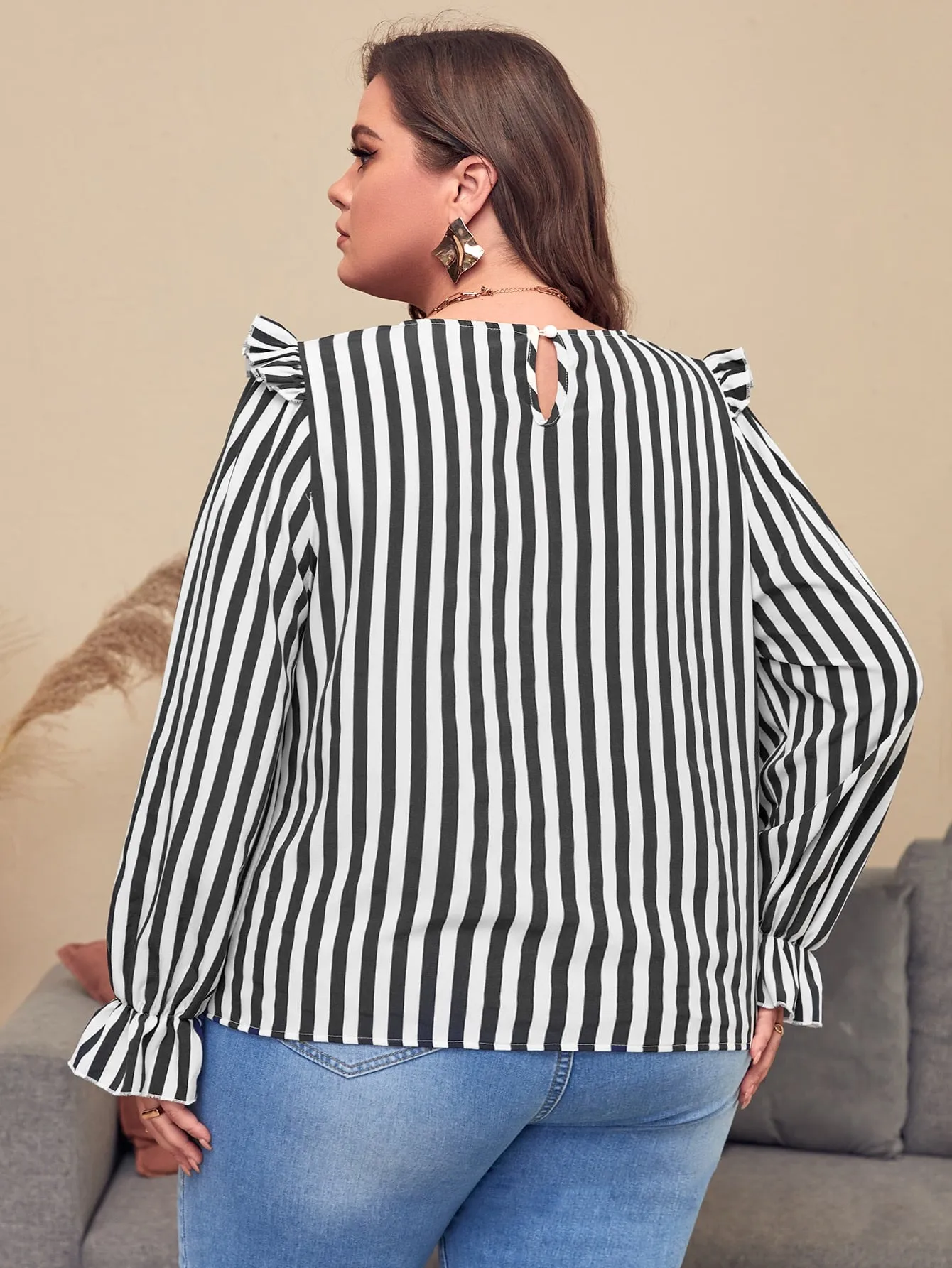 Striped Ruffle Long Sleeve Round Neck Regular Plus Size Blouse