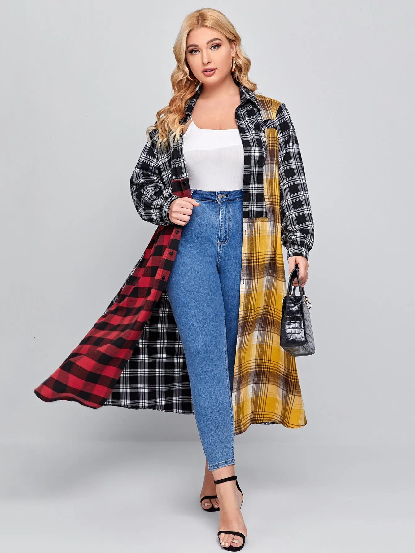 Tartan Button Front Long Sleeve Collar Long Plus Size Blouse