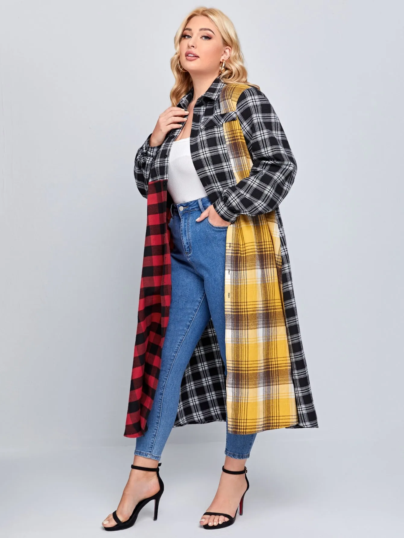 Tartan Button Front Long Sleeve Collar Long Plus Size Blouse