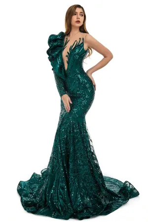 Turquoise Green Mermaid One Sleeve Prom Dresses Sequined Lace Jewel Ruffles Evening Party Dress with Appliques﻿