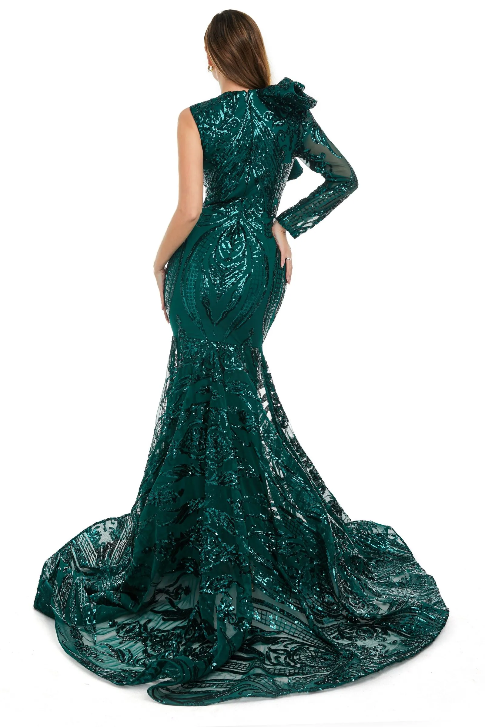 Turquoise Green Mermaid One Sleeve Prom Dresses Sequined Lace Jewel Ruffles Evening Party Dress with Appliques﻿