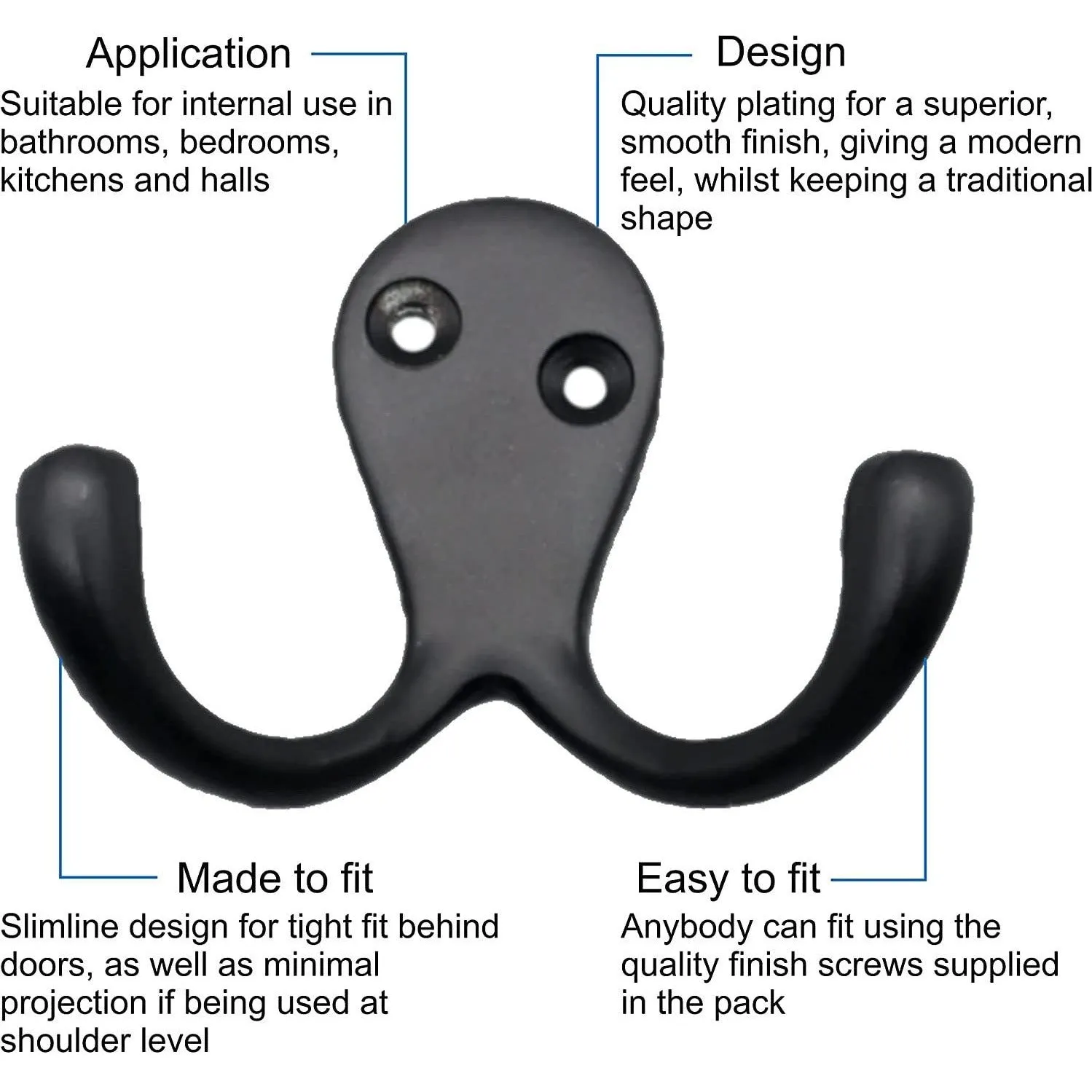 Twin Robe Hook Matt Black Double Hook - Pack of 4