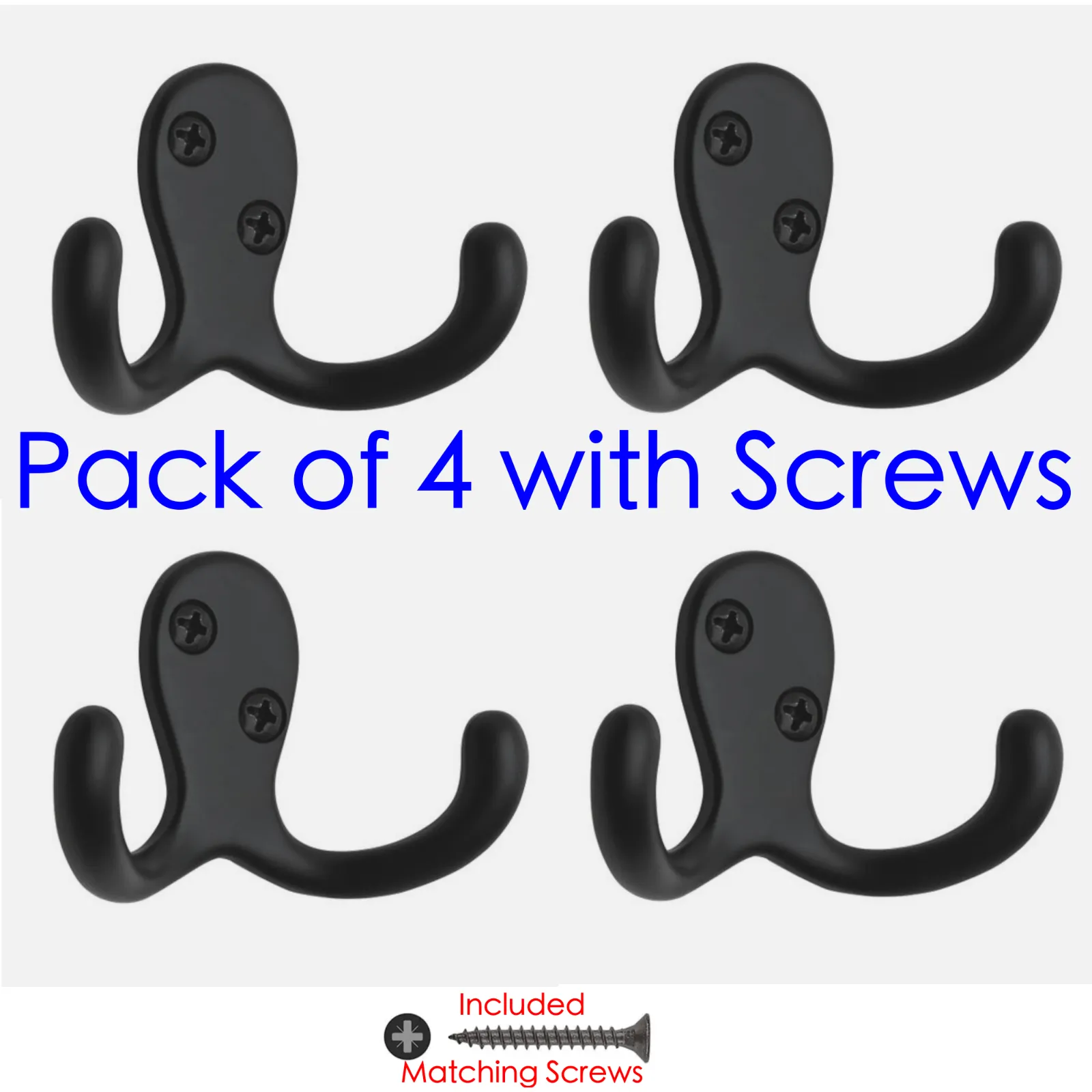 Twin Robe Hook Matt Black Double Hook - Pack of 4