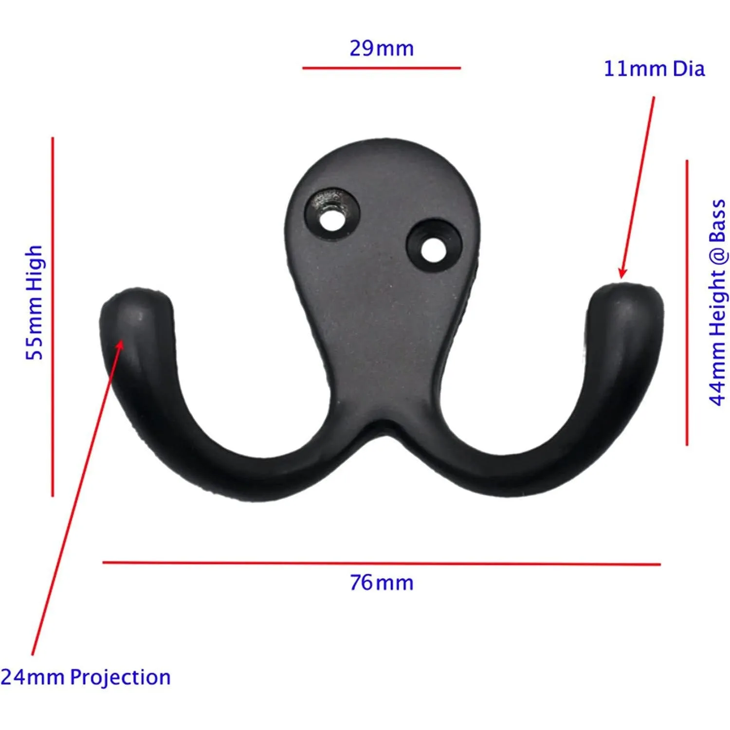 Twin Robe Hook Matt Black Double Hook - Pack of 4