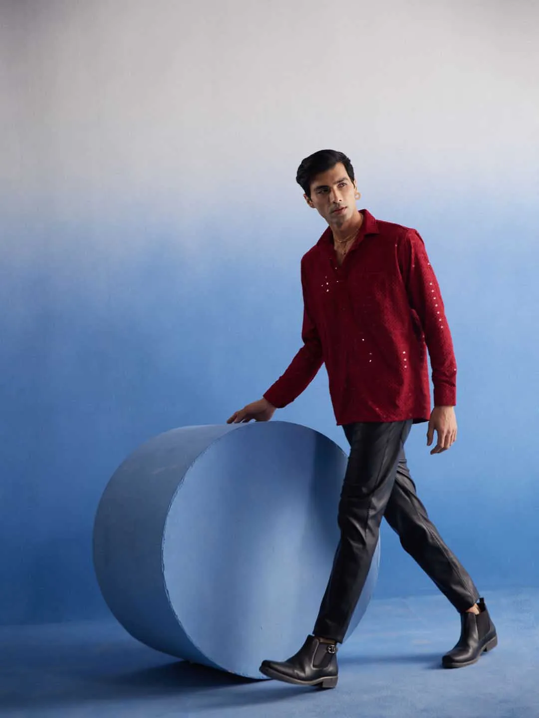 VASTRAMAY Men's Maroon Embellished Rayon Shirt