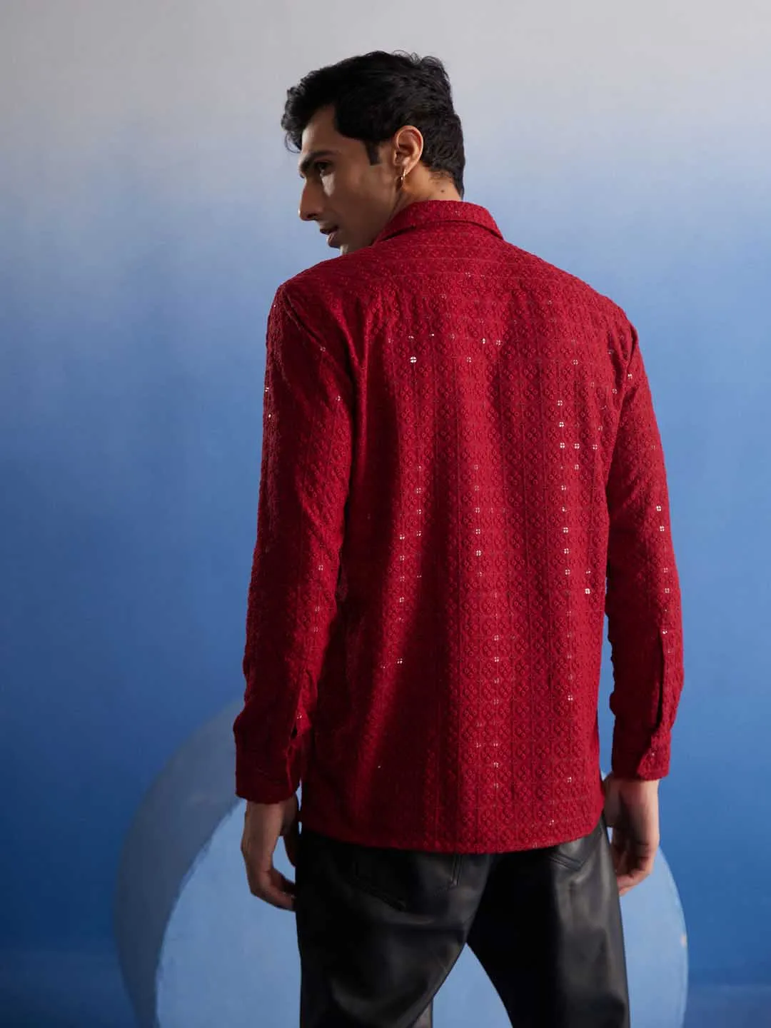 VASTRAMAY Men's Maroon Embellished Rayon Shirt