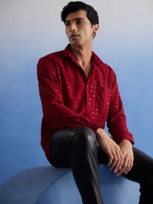 VASTRAMAY Men's Maroon Embellished Rayon Shirt