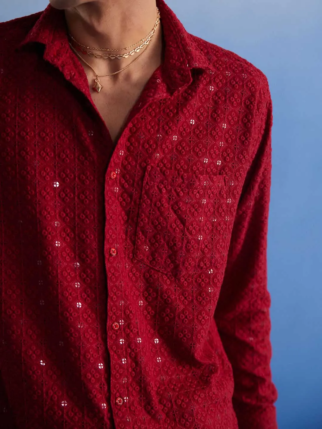 VASTRAMAY Men's Maroon Embellished Rayon Shirt