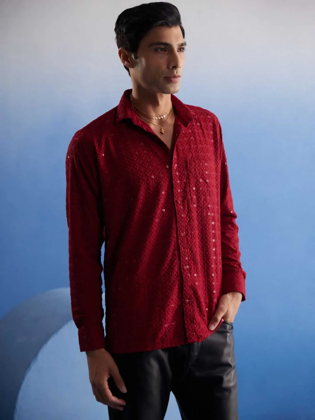 VASTRAMAY Men's Maroon Embellished Rayon Shirt