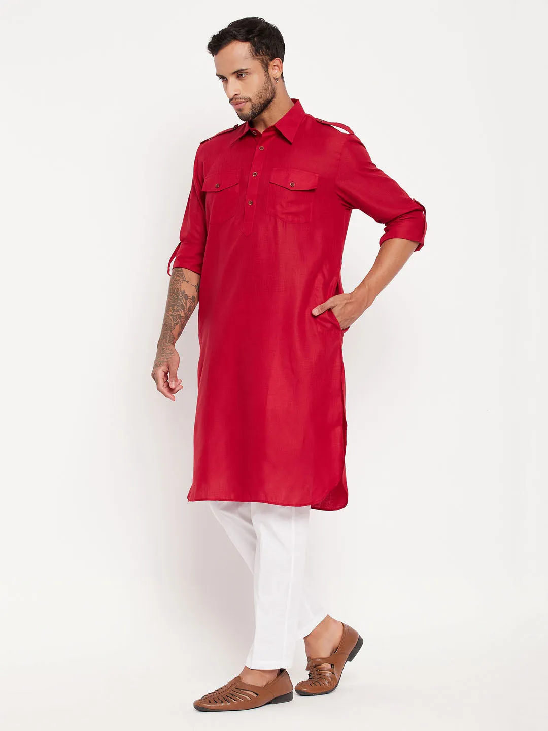 VASTRAMAY Men's Maroon Pathani Suit Set