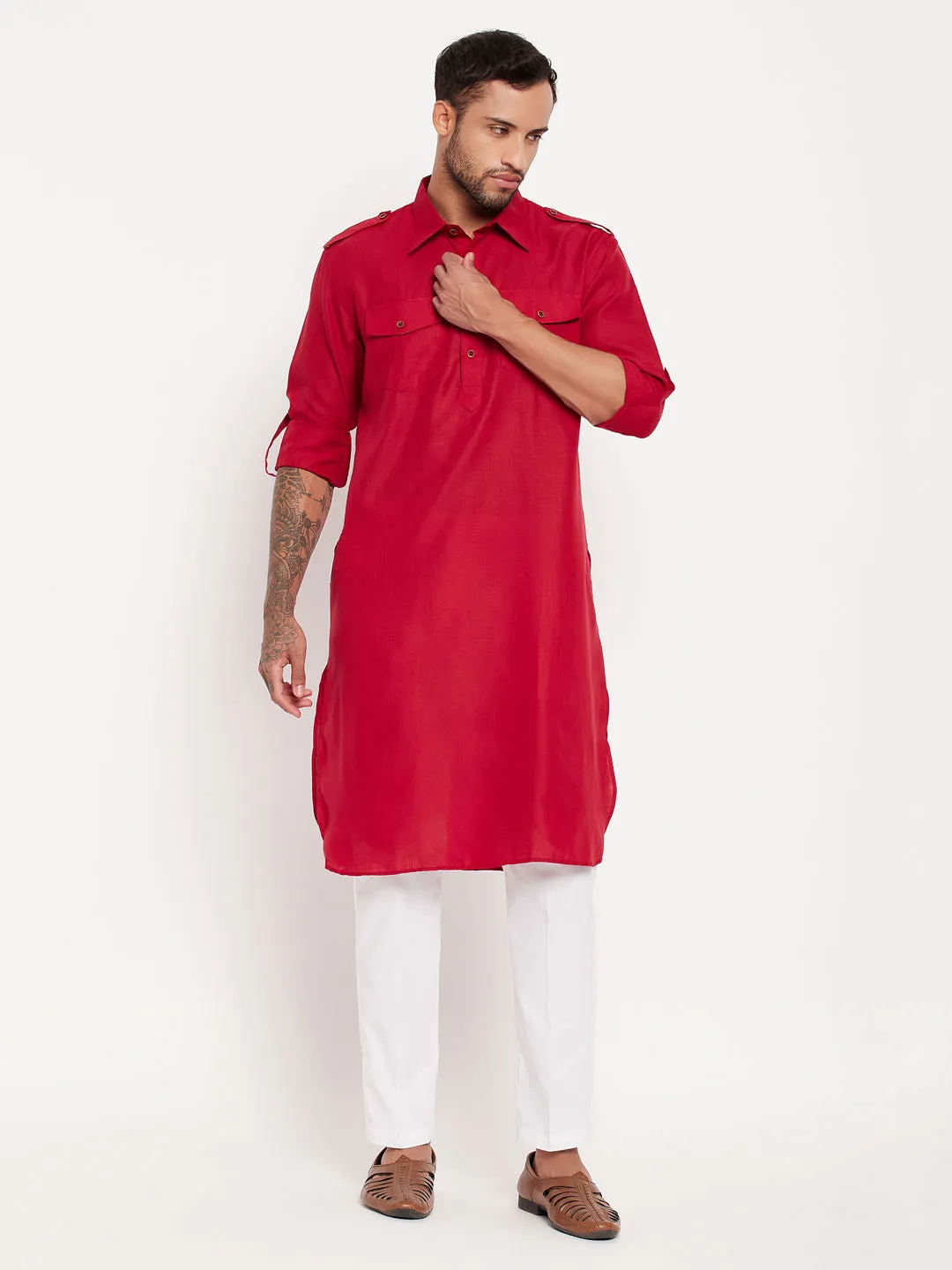 VASTRAMAY Men's Maroon Pathani Suit Set