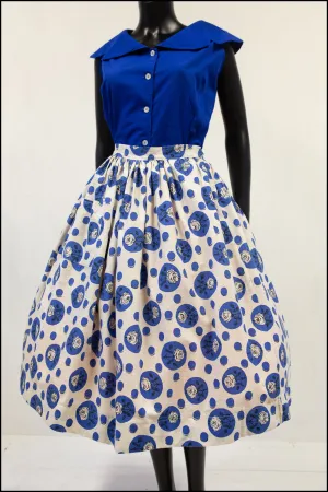 Vintage 1950s Blue 'Polka Dot Rose' Full Skirt