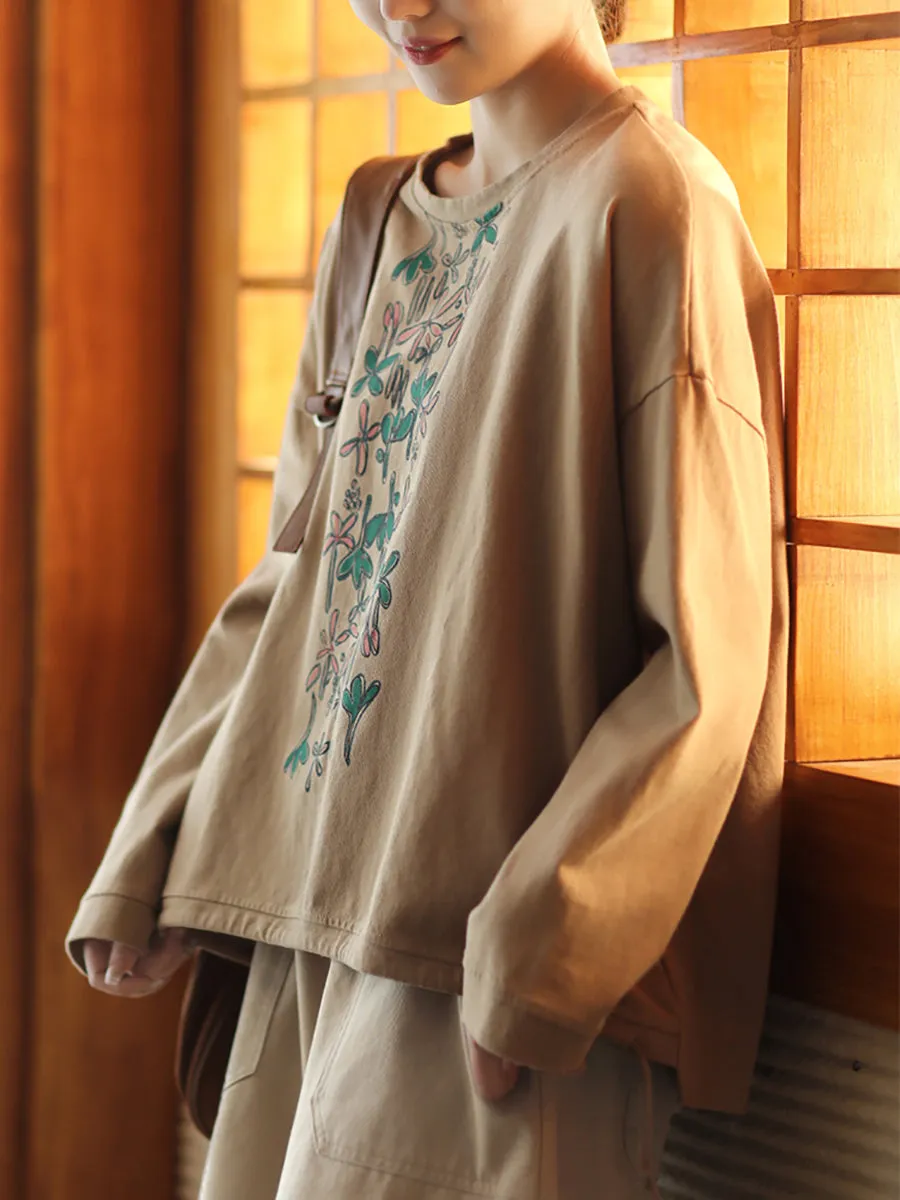 Women Autumn Warm Flower O-Neck Cotton Sweatshirt
