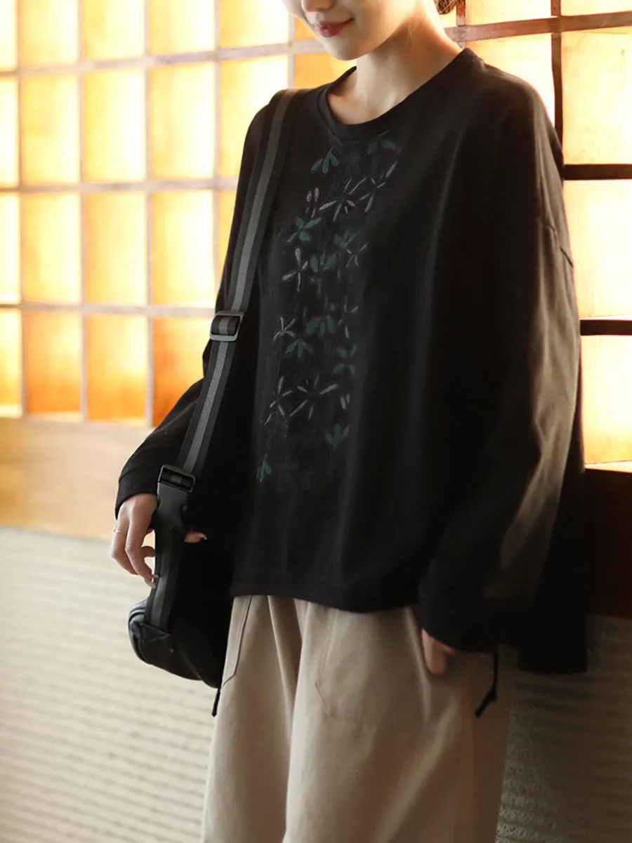 Women Autumn Warm Flower O-Neck Cotton Sweatshirt