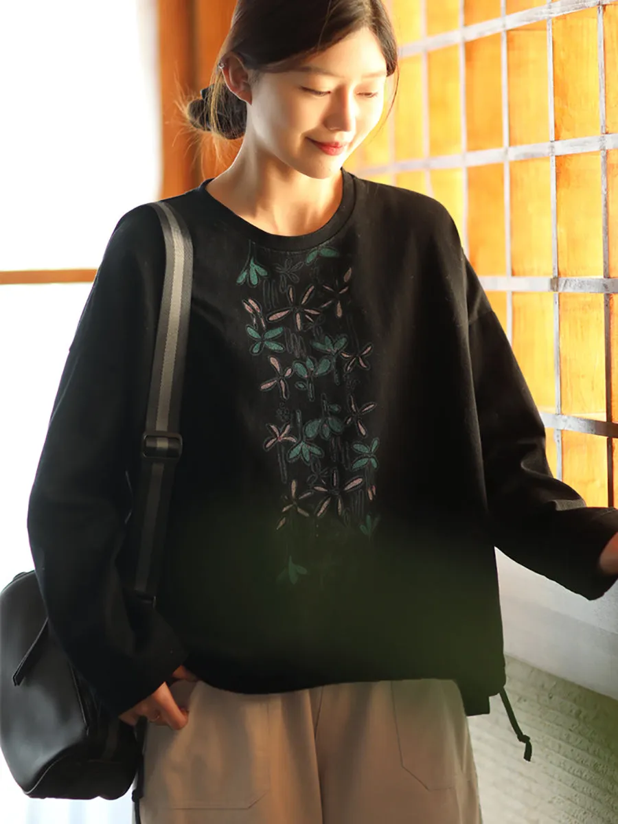 Women Autumn Warm Flower O-Neck Cotton Sweatshirt
