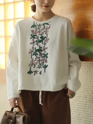 Women Autumn Warm Flower O-Neck Cotton Sweatshirt