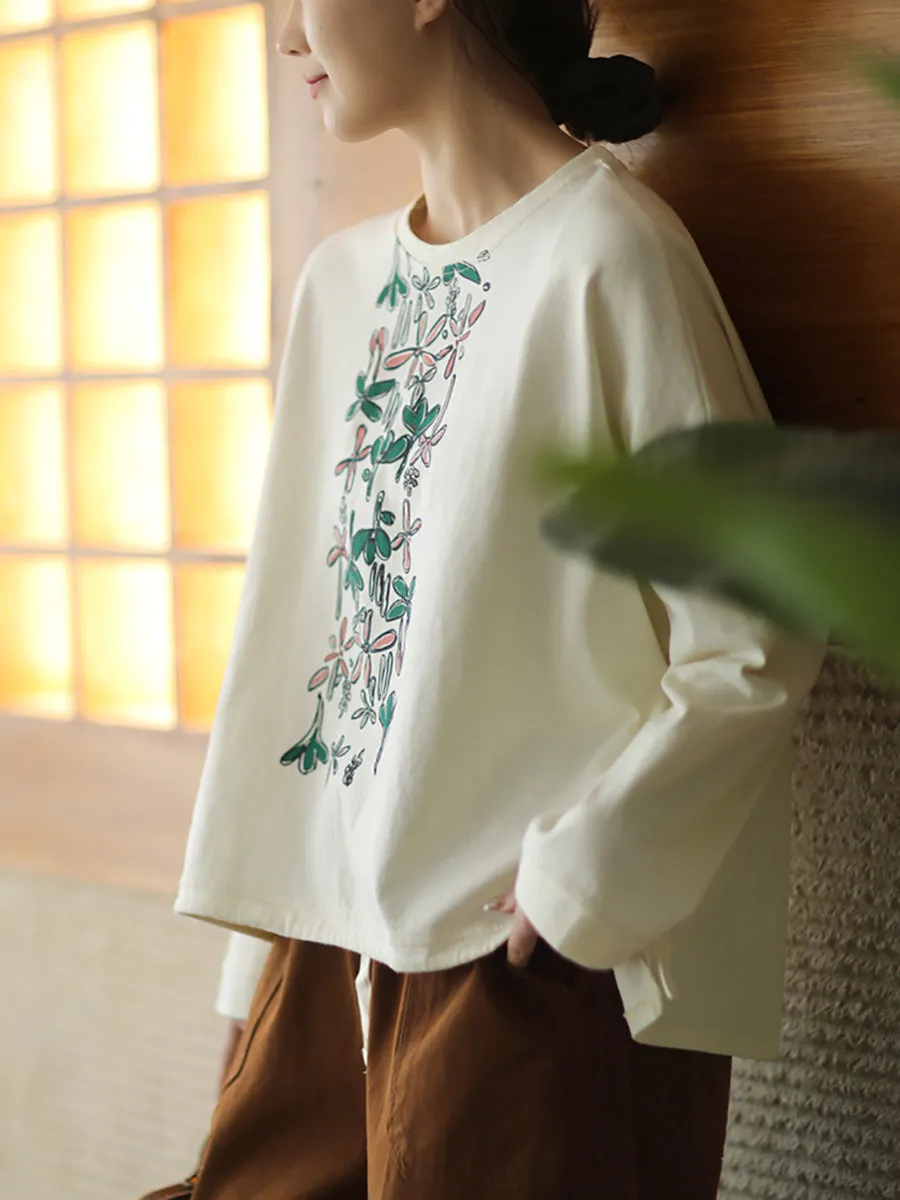 Women Autumn Warm Flower O-Neck Cotton Sweatshirt