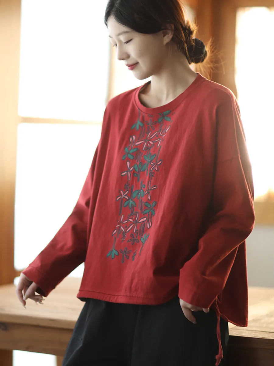 Women Autumn Warm Flower O-Neck Cotton Sweatshirt
