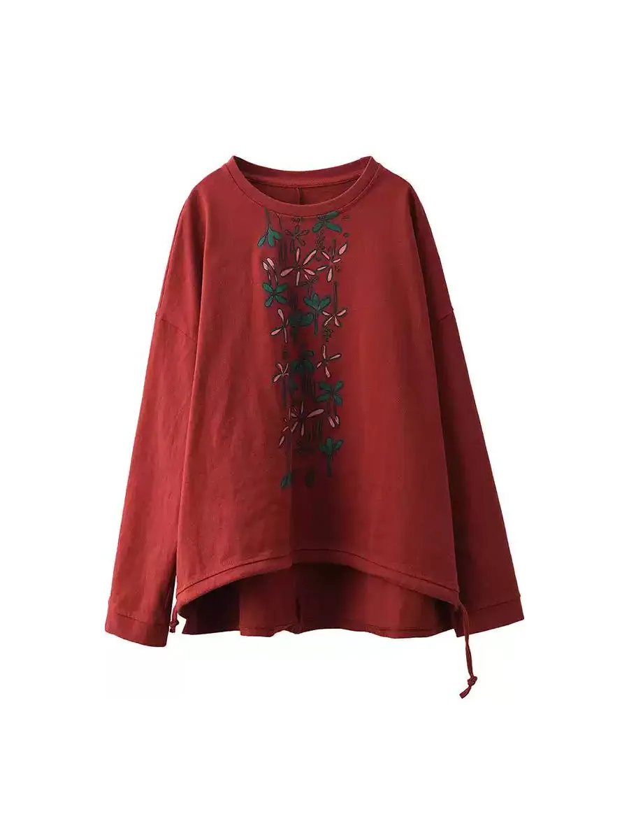 Women Autumn Warm Flower O-Neck Cotton Sweatshirt