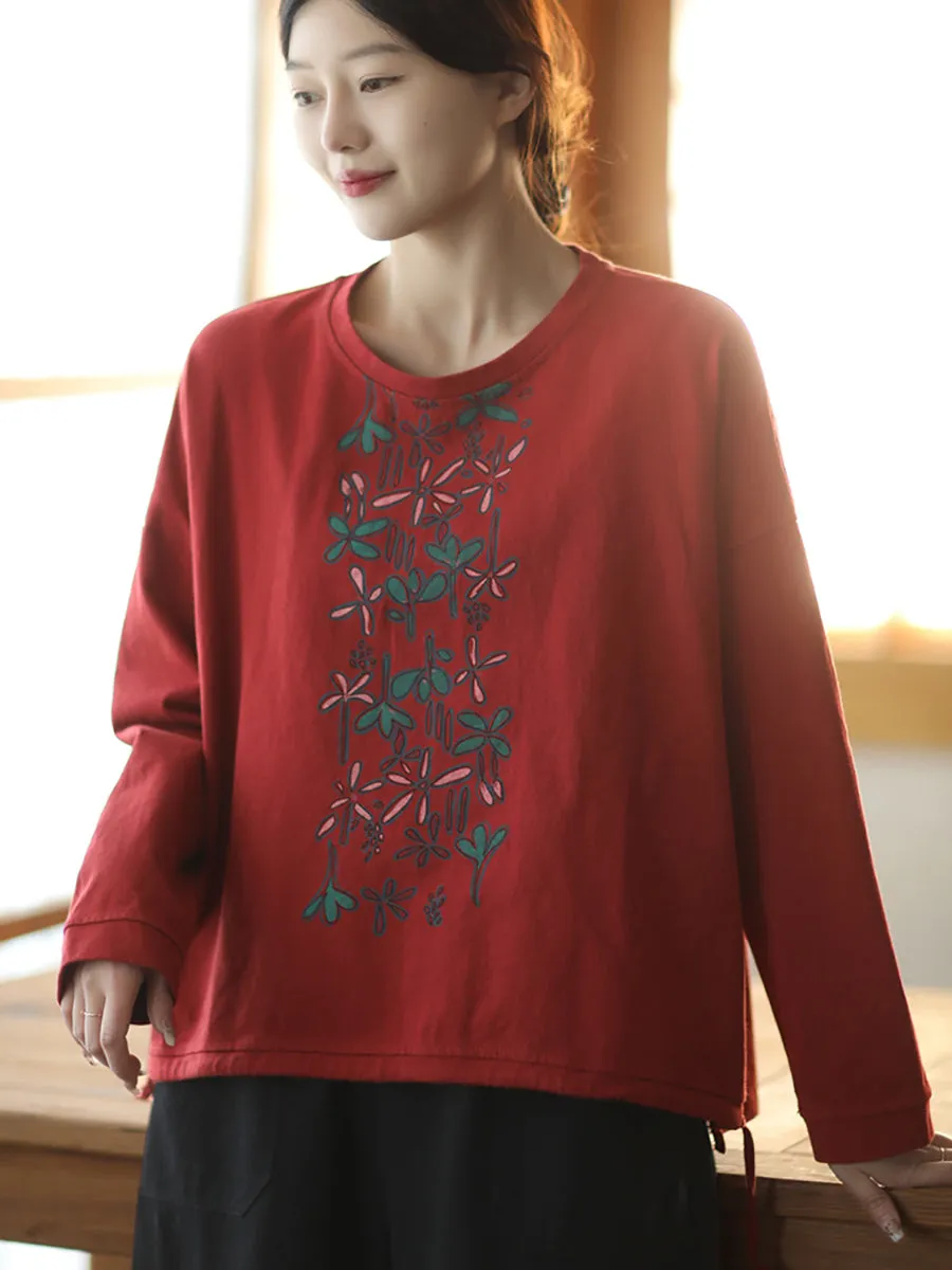 Women Autumn Warm Flower O-Neck Cotton Sweatshirt