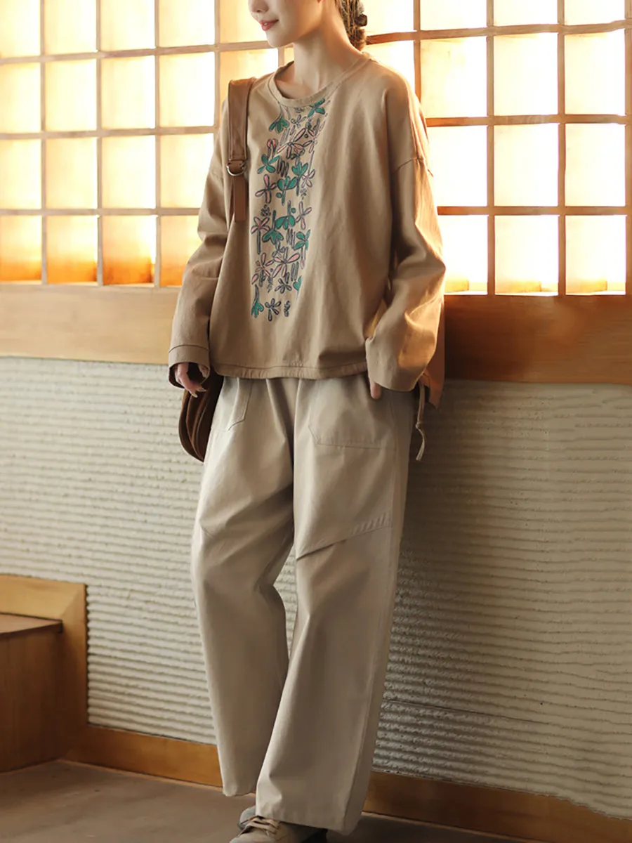 Women Autumn Warm Flower O-Neck Cotton Sweatshirt