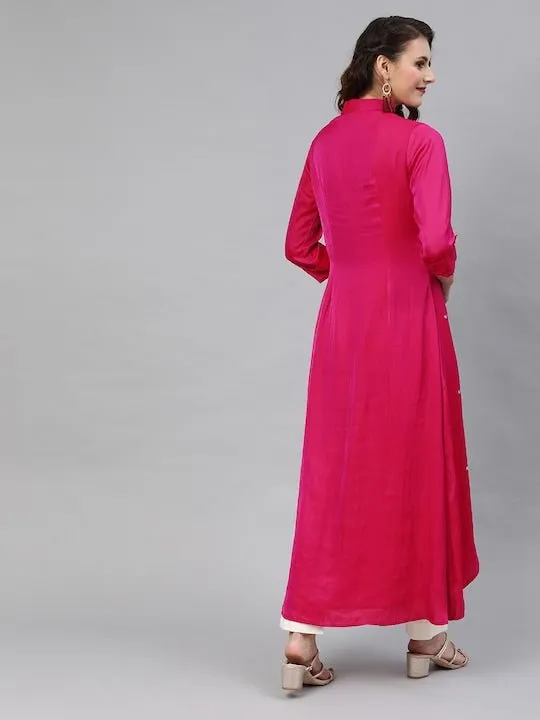 Women Magenta Pink & Off-White Embroidered Kurta with Trousers