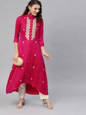 Women Magenta Pink & Off-White Embroidered Kurta with Trousers
