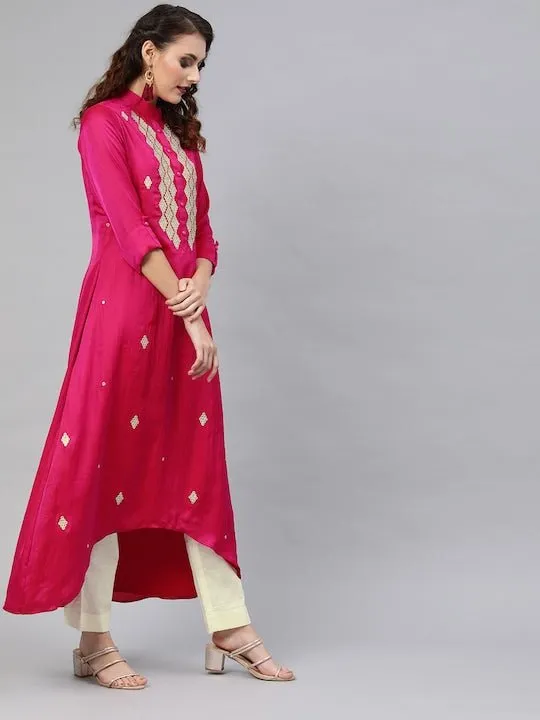 Women Magenta Pink & Off-White Embroidered Kurta with Trousers