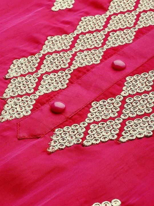 Women Magenta Pink & Off-White Embroidered Kurta with Trousers