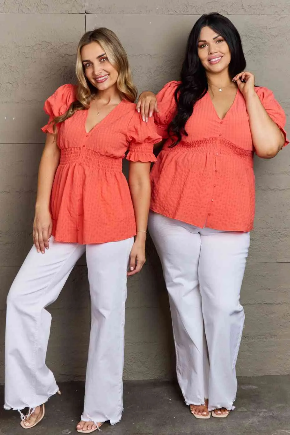 Women's Culture Code Whimsical Wonders Full Size V-Neck Puff Sleeve Button Down Top
