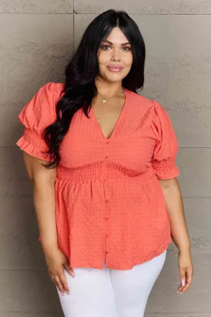 Women's Culture Code Whimsical Wonders Full Size V-Neck Puff Sleeve Button Down Top