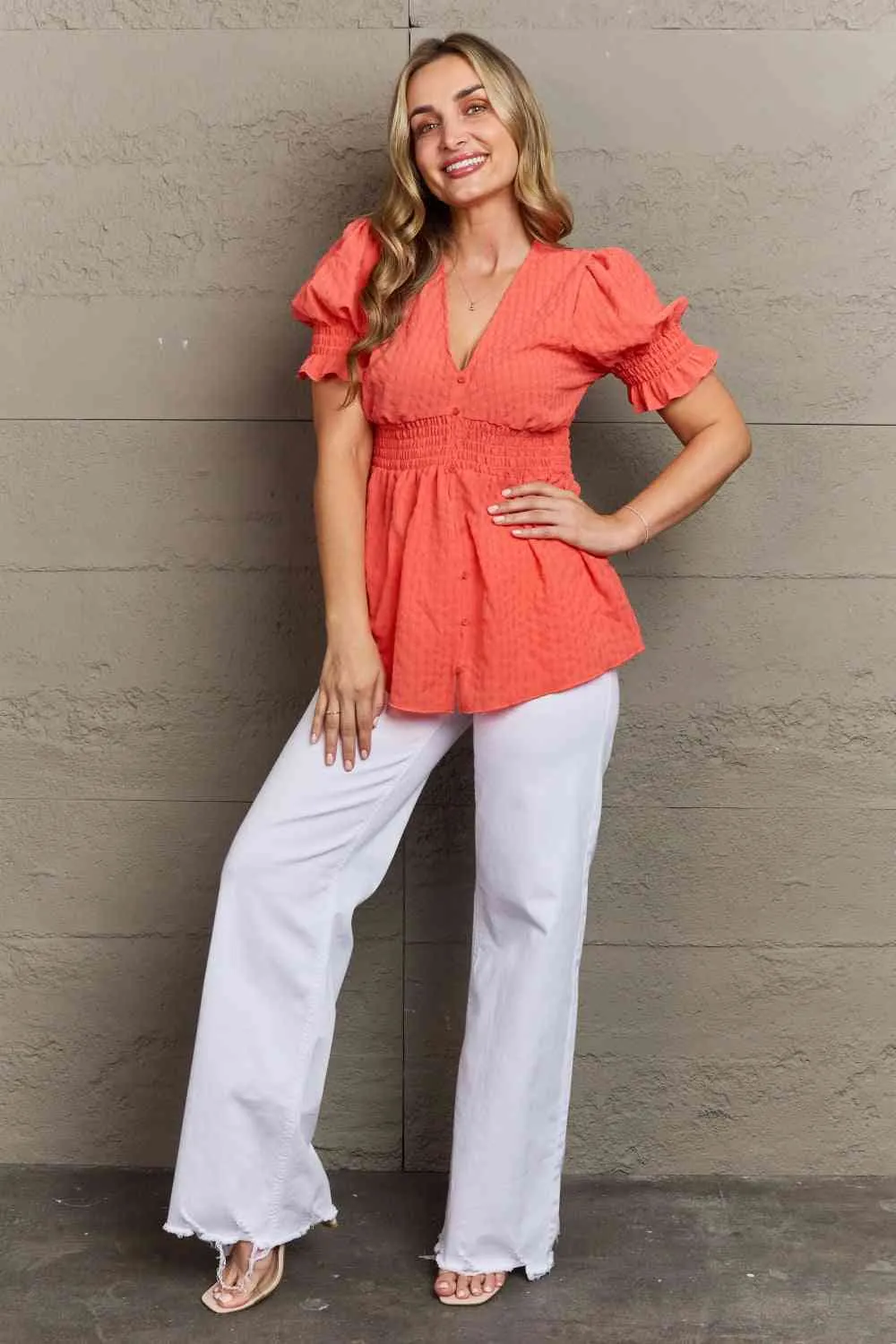 Women's Culture Code Whimsical Wonders Full Size V-Neck Puff Sleeve Button Down Top