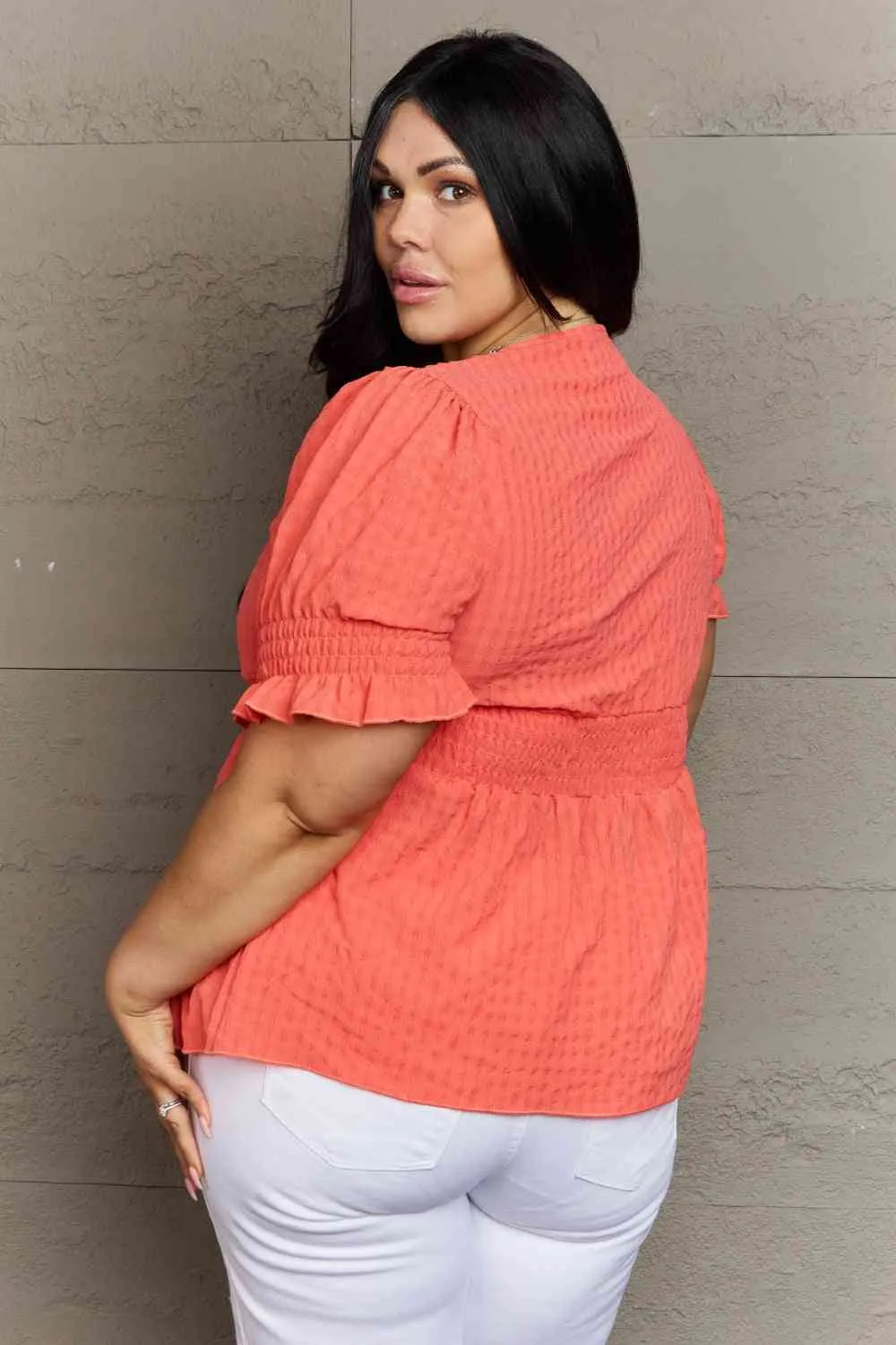 Women's Culture Code Whimsical Wonders Full Size V-Neck Puff Sleeve Button Down Top