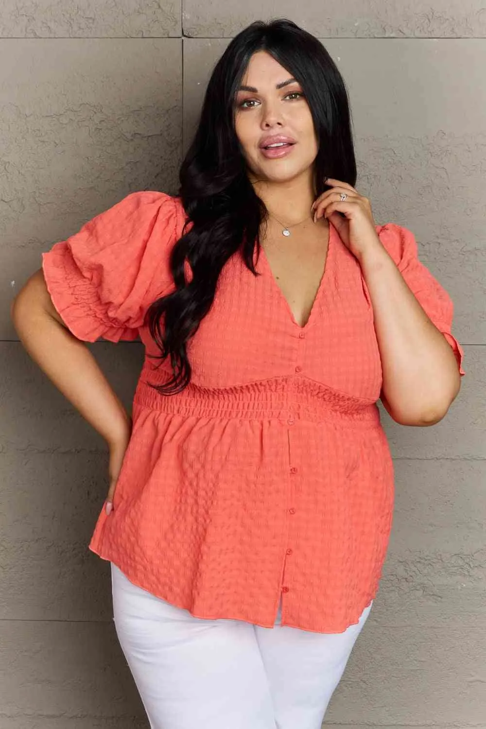 Women's Culture Code Whimsical Wonders Full Size V-Neck Puff Sleeve Button Down Top