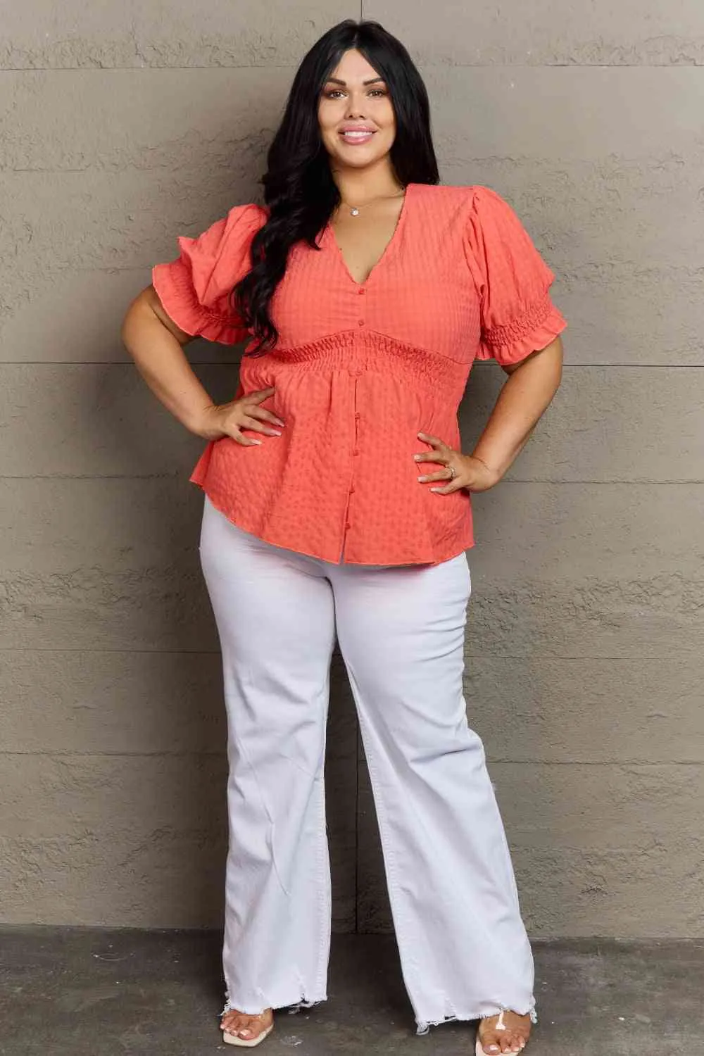 Women's Culture Code Whimsical Wonders Full Size V-Neck Puff Sleeve Button Down Top