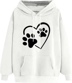 Womens Long Sleeve Loose Fit Hooded Sweatshirts Cute Heart Print Pullover Drawstraing Casual Fall Fashion Hoodies