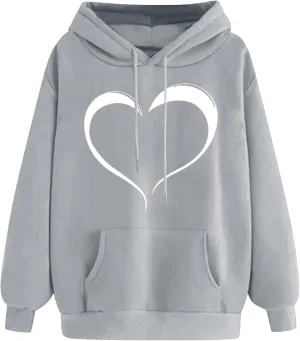 Womens Oversized Hoodies Cute Heart Printed Funny Teen Girls Hooded Sweatshirts Casual Baggy Pullover Tops for Outing